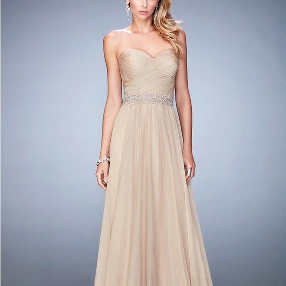 La Femme Strapless Champagne-Beige Evening Gown with Beaded Waist Size 10 $378